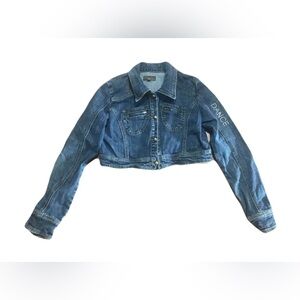 UB Jeans women’s large cropped denim jacket, rhinestone beaded, Y2K, dark blue